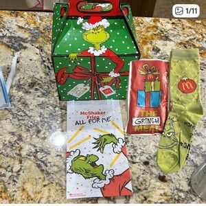 McDonald's GRINCH MEAL box, mcShaker Fries bag, pickle salt& 1 pair socks & sack